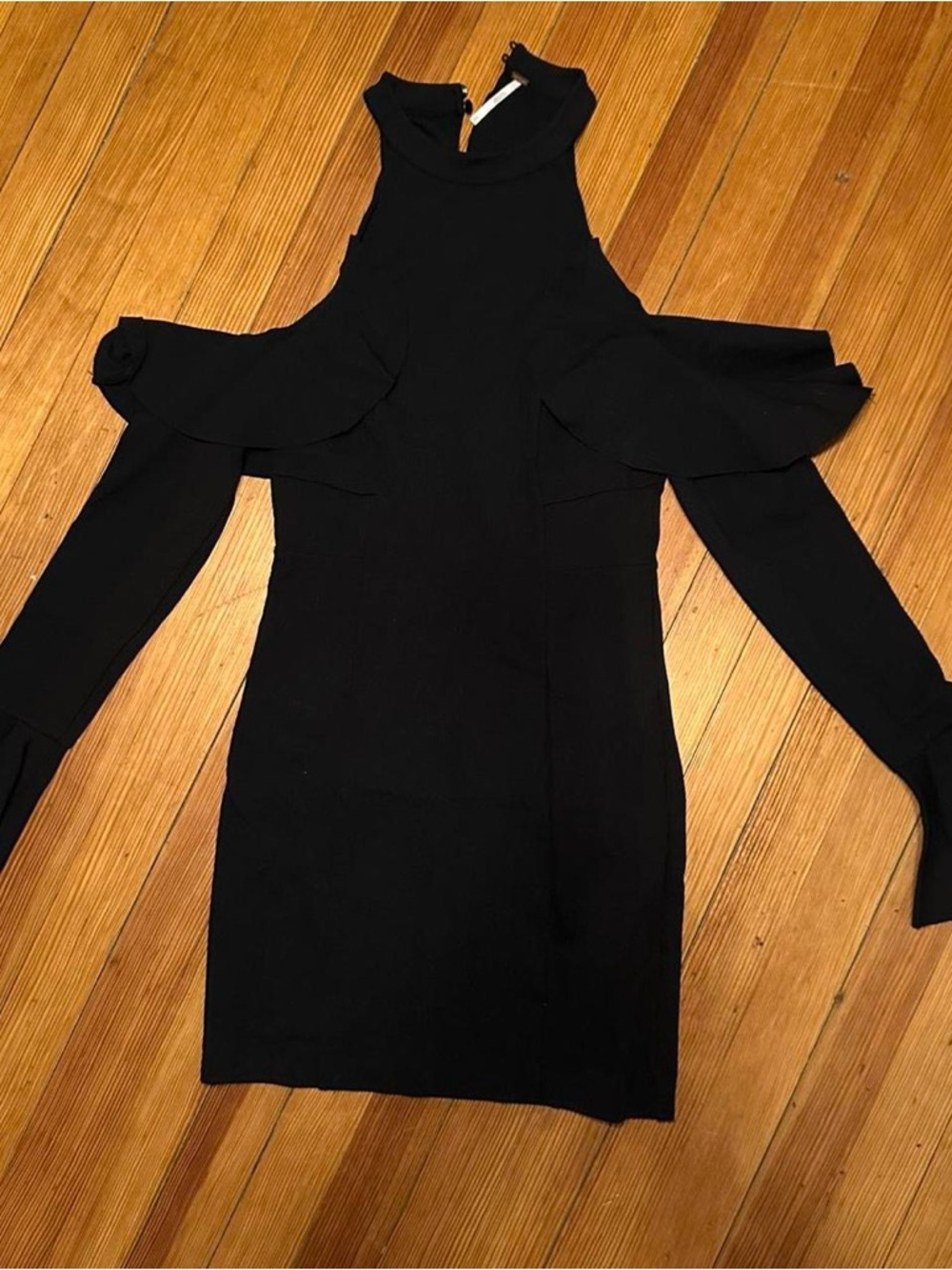 Free People Black Cold-Shoulder Mock Neck Mini Dress